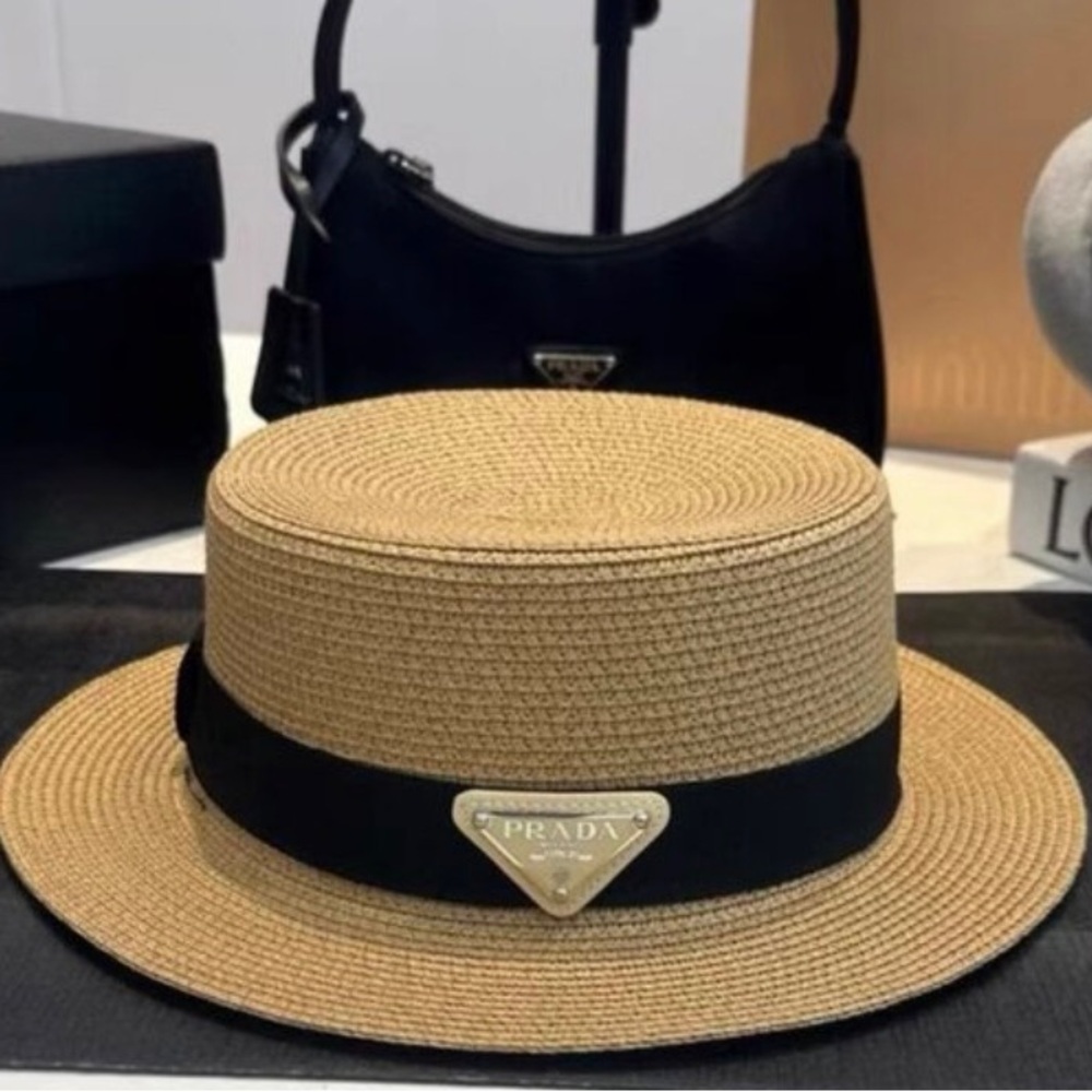 Prada Beige Straw Hat with Black Trim